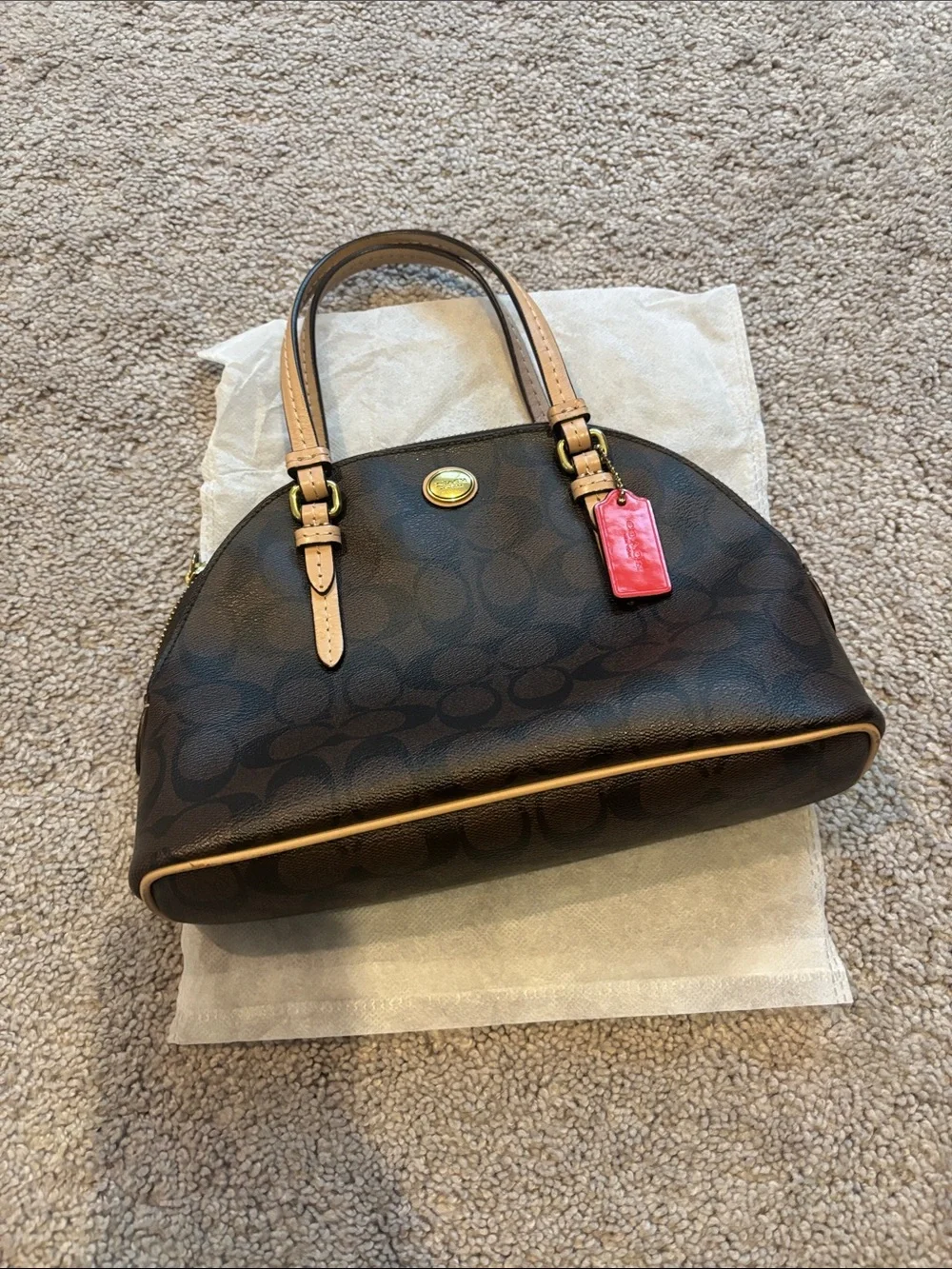 Coach Brown Signature Mini Dome Satchel with Tan Handles and Red Tag